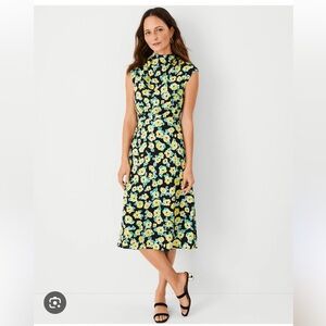 Ann Taylor sunny yellow floral dress size 8 midi high neck zippered